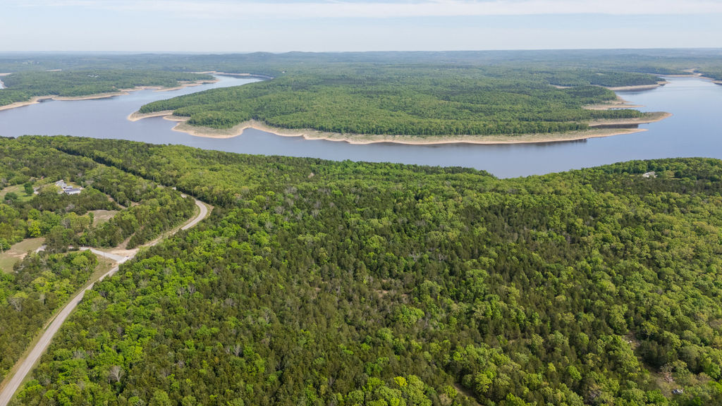Expansive wooded acreage bordering a substantial body of water, featuring a winding road and distant structures