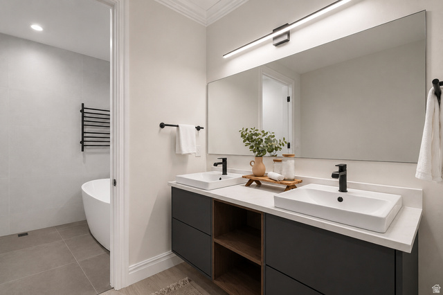 1429 Chateau Ridge Way Sandy, UT 84092 - Photo 9 of 22 Modern bathroom featuring a dual vanity with rectangular vessel sinks, matte black faucets, and a light-colored countertop