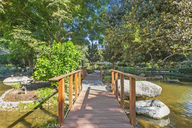 a view of a backyard with plants and a patio