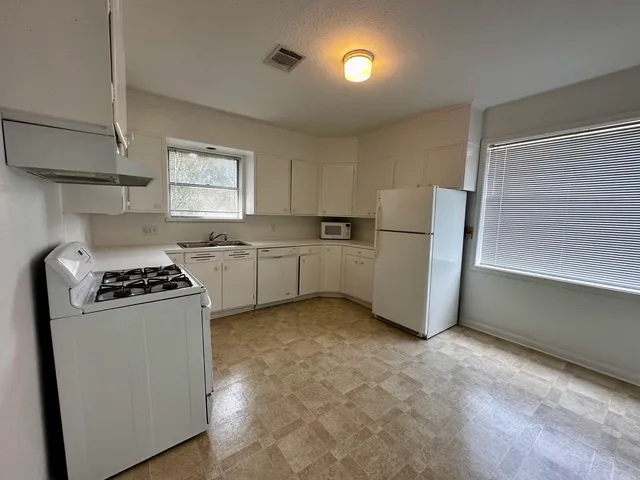 a kitchen with a stove a refrigerator and a cabinets