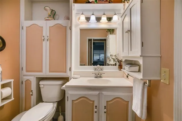 a bathroom with a sink vanity mirror and toilet