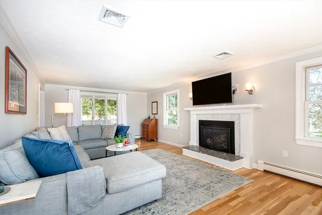 a living room with furniture a fireplace and a flat screen tv