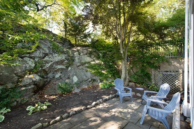 a view of backyard with outdoor seating and trees