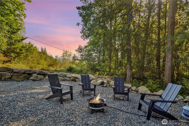 a backyard of a house with table and chairs