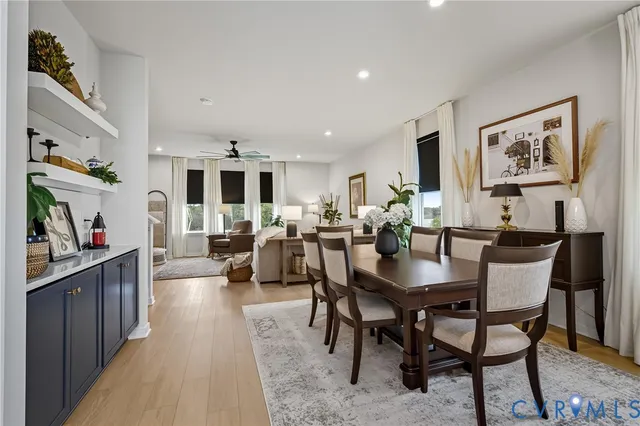 a view of a dining room with furniture