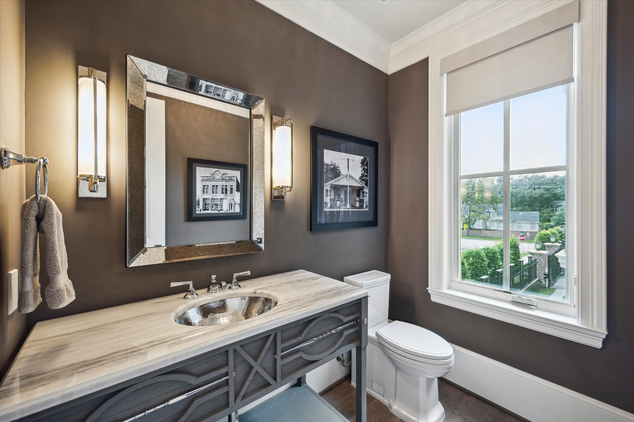 2336 Welch Street Houston, TX 77019 - Photo 24 of 39 a bathroom with a granite countertop sink toilet and mirror