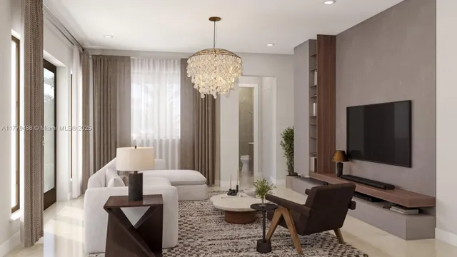 a living room with furniture a chandelier and a flat screen tv