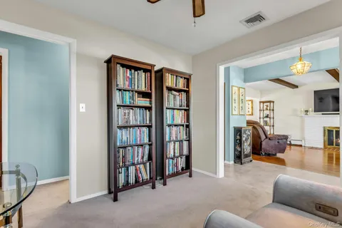 a living room with furniture and a book shelf