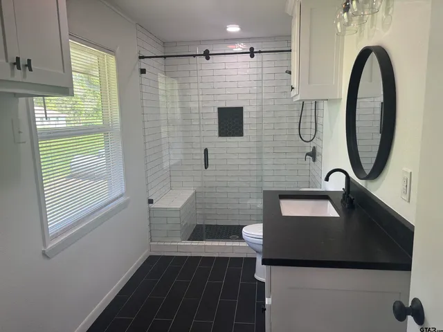 a bathroom with a sink a toilet and a shower