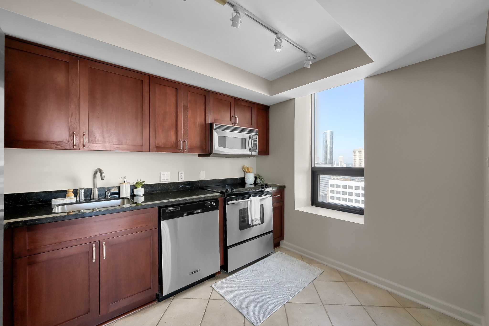 1111 Caroline Street, Unit 2901 Houston, TX 77010 - Photo 13 of 46 a kitchen with stainless steel appliances granite countertop a stove a sink and a microwave