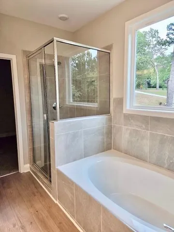 a bathroom with a bathtub and a shower