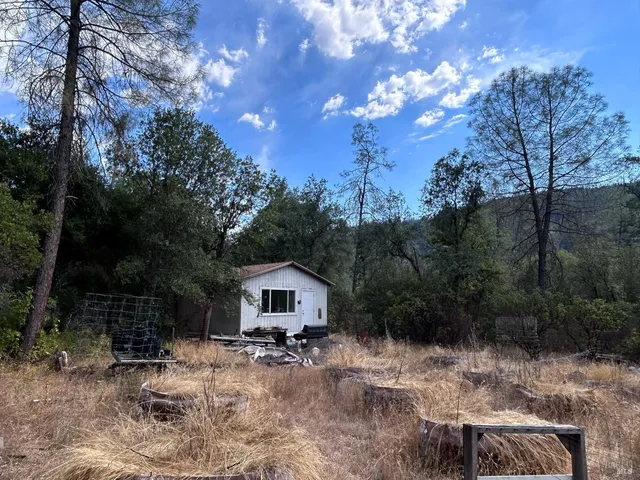 a backyard of a house with barbeque oven and trees