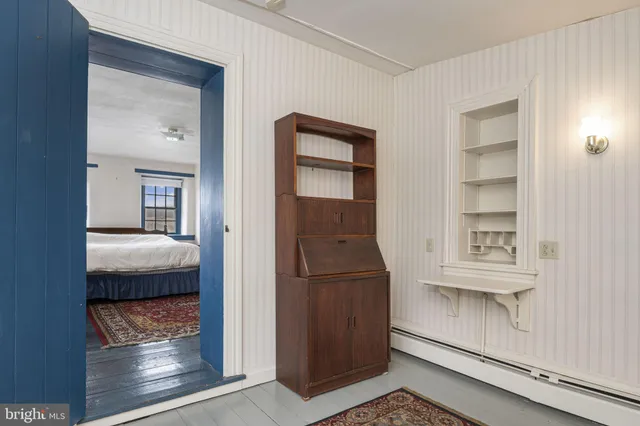 a view of a backyard with plants and large trees