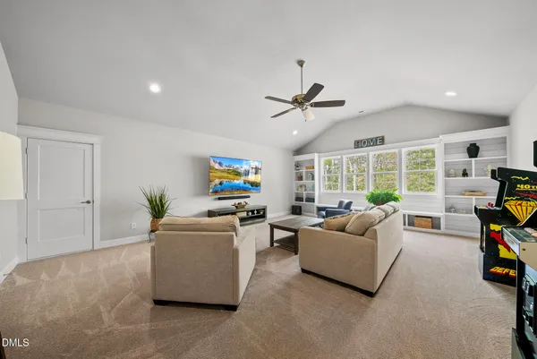 a living room with furniture and a potted plant