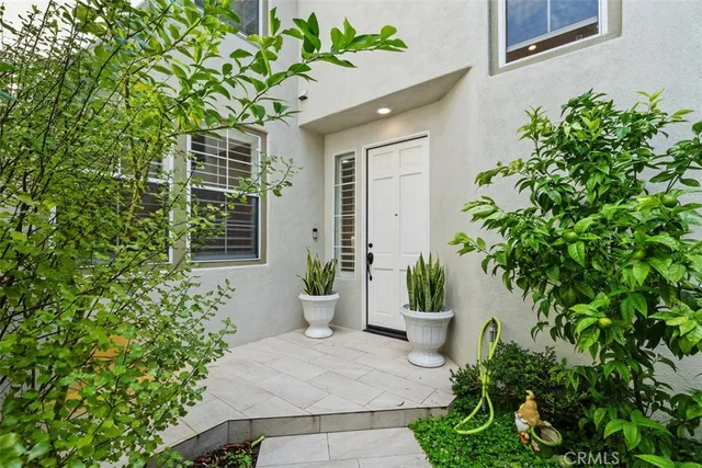 a view of a house with potted plants and more windows