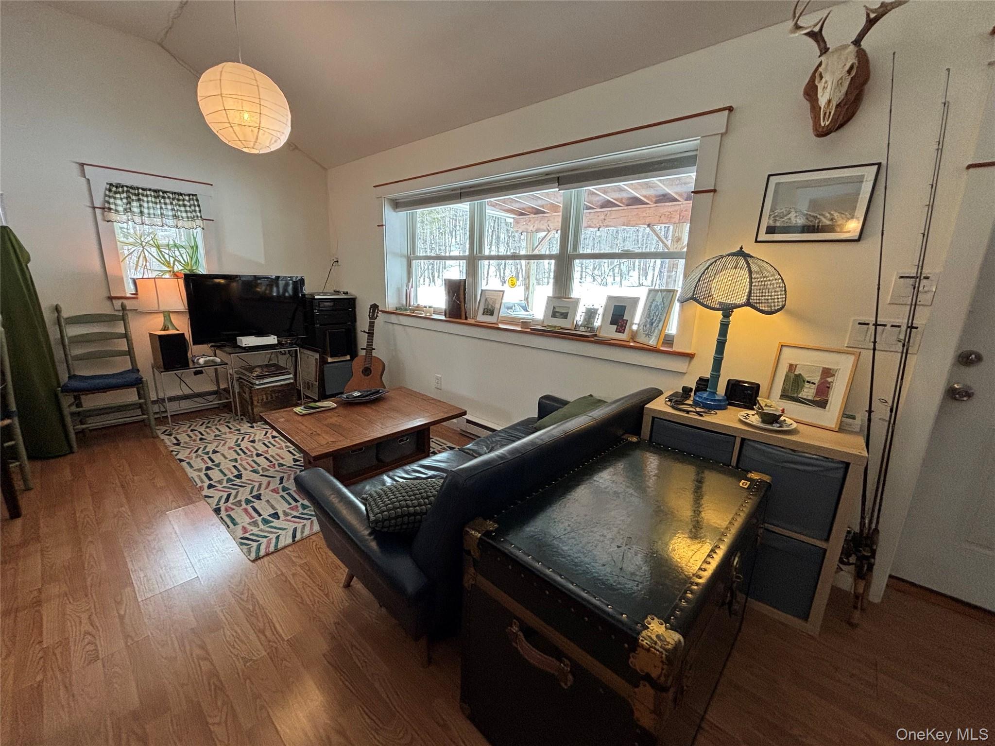273 South Road Holmes, NY 12531 - Photo 8 of 13 Living room with vaulted ceiling, dark wood-style flooring, and a baseboard heating unit