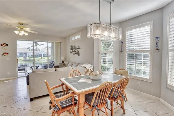a view of a dining room with furniture window and outside view