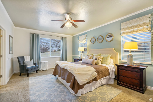 557 South 1470th Street East Springville, UT 84663 - Photo 6 of 46 Carpeted primary bedroom featuring ceiling fan, a textured ceiling, and ornamental molding