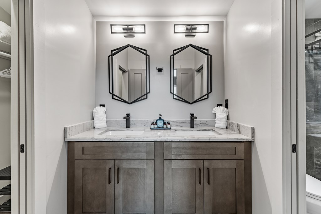 880 Little Bushy Head Road Blue Ridge, GA 30513 - Photo 21 of 51 a bathroom with double sink and a mirror