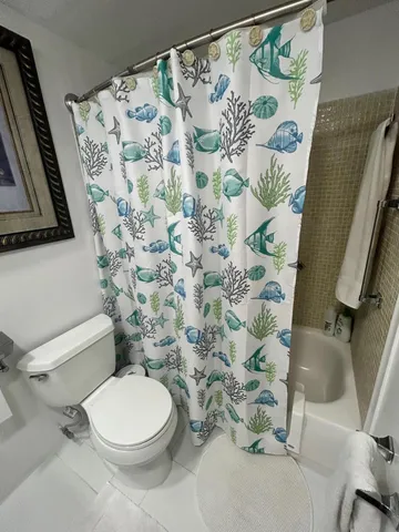 a white toilet sitting next to a shower curtain