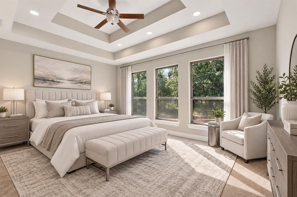 108 Winding Way Azle, TX 76020 - Photo 14 of 38 Virtually staged tray ceiling with recessed lighting and ceiling fan
