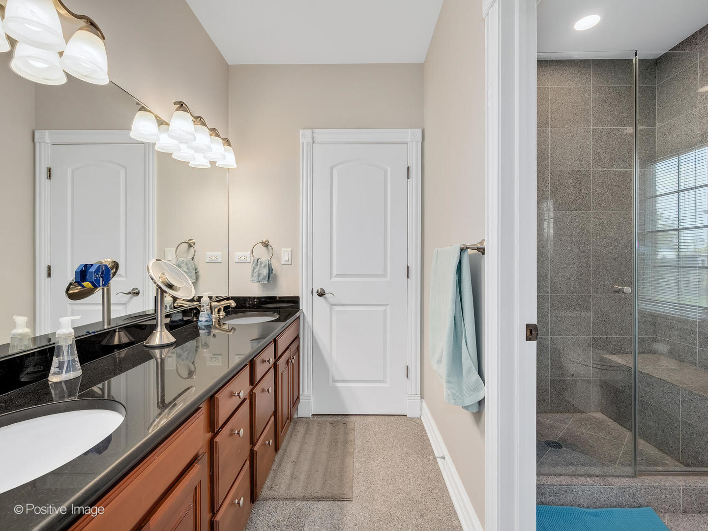 2804 Central Road Glenview, IL 60025 - Photo 29 of 41 a bathroom with a granite countertop sink a mirror and a shower