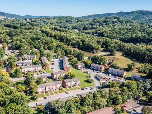 an aerial view of residential houses with outdoor space and trees all around