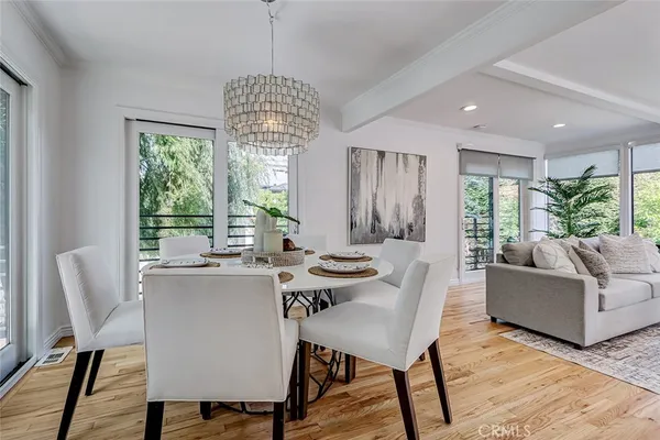 a view of a dining room with furniture window and wooden floor