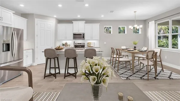 a view of a dining room with furniture