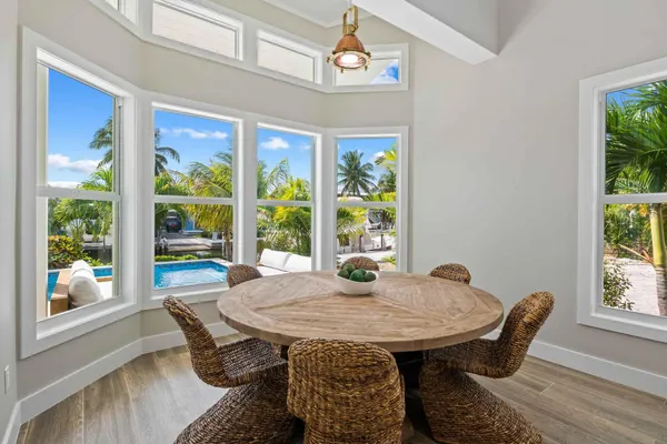 a view of a dining room with furniture window and outside view