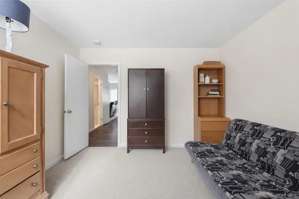 a living room with furniture and a closet