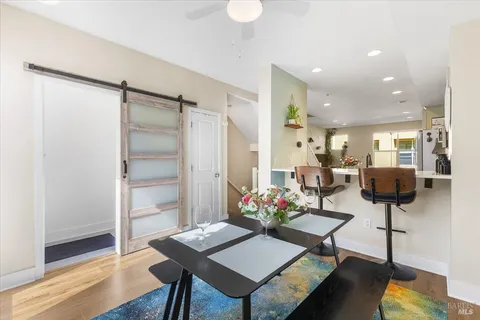a view of a dining room with furniture