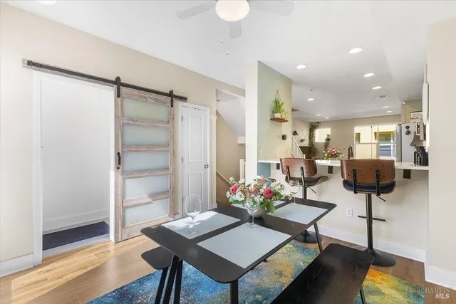 a view of a dining room with furniture