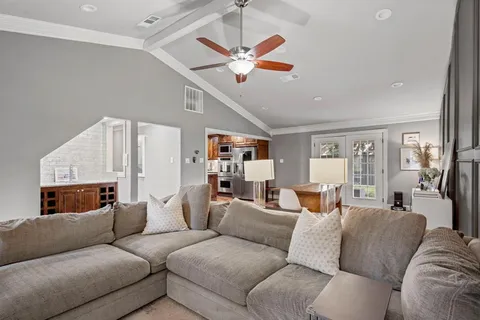 a living room with furniture ceiling fan and a rug