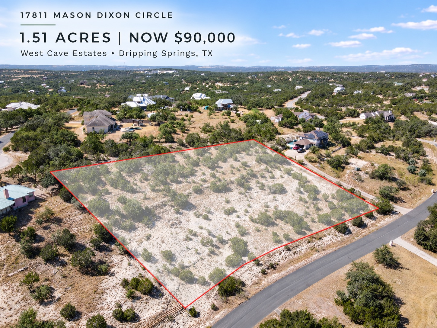 Approximately 1.51 acres in West Cave Estates — a spacious Hill Country homesite now offered at $90,000.