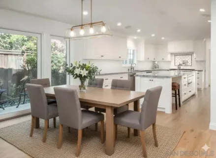 a view of a dining room and a kitchen with a table chairs
