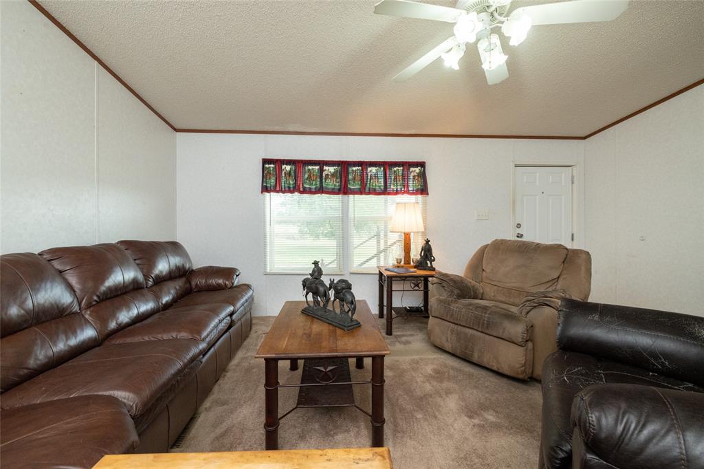 207 Lazy B Lane Springtown, TX 76082 - Photo 8 of 39 Carpeted living room with a textured ceiling, ceiling fan, and ornamental molding