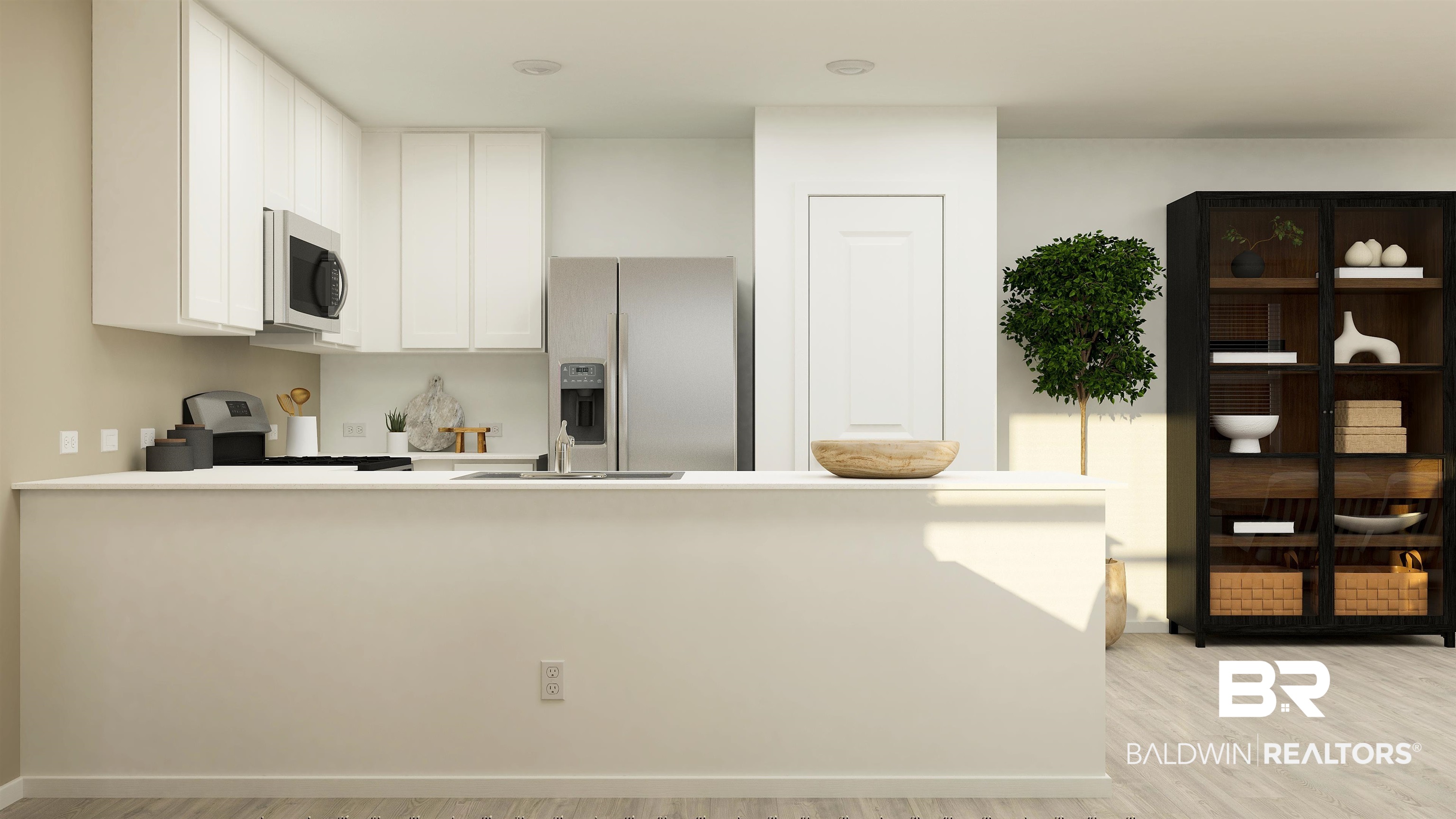 15362 Planters Lane Foley, AL 36535 - Photo 7 of 24 Kitchen featuring a peninsula, appliances with stainless steel finishes, white cabinetry, and light wood-style flooring