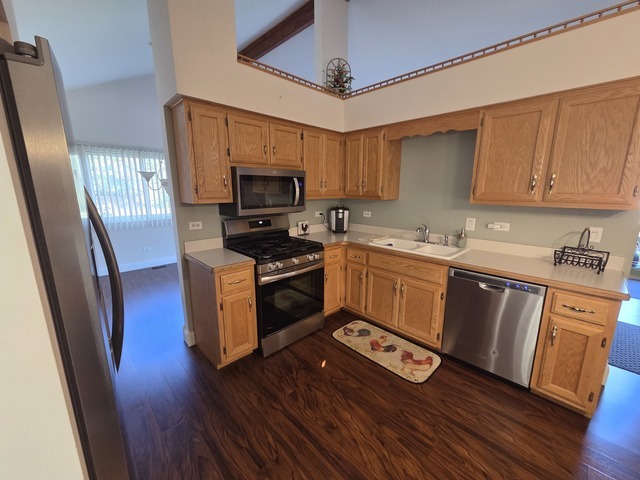 701 Bishops Gate New Lenox, IL 60451 - Photo 11 of 27 a kitchen with wooden floors wooden cabinets a sink a stove and a refrigerator