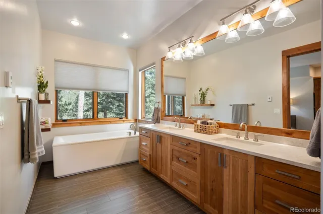 a bathroom with a tub sink and mirror