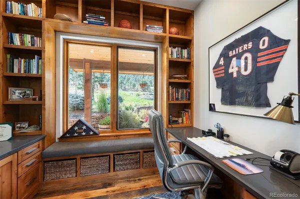 a living room with furniture and a book shelf