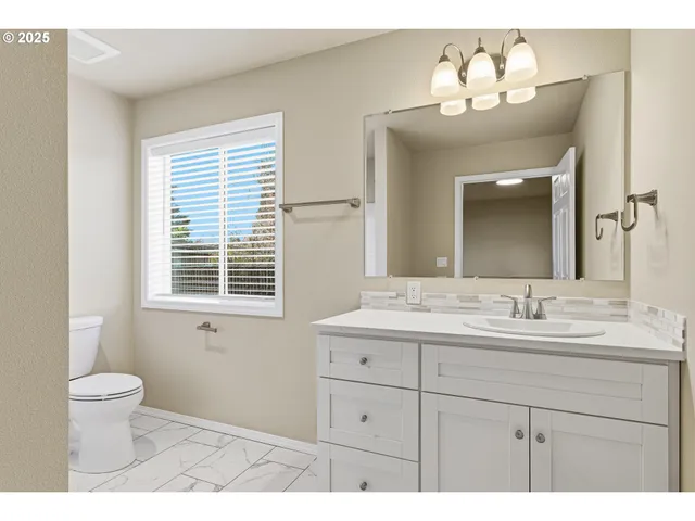 a bathroom with a toilet a sink a large mirror and vanity