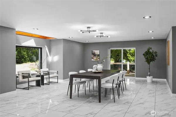 a view of a dining room with furniture