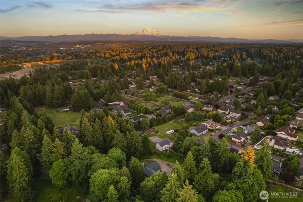 an aerial view of residential houses with city view