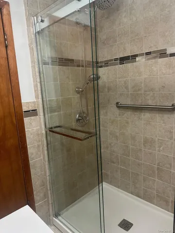 a bathroom with a shower and a toilet