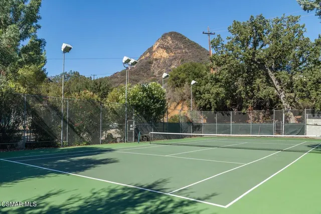 a view of a tennis ground with large trees