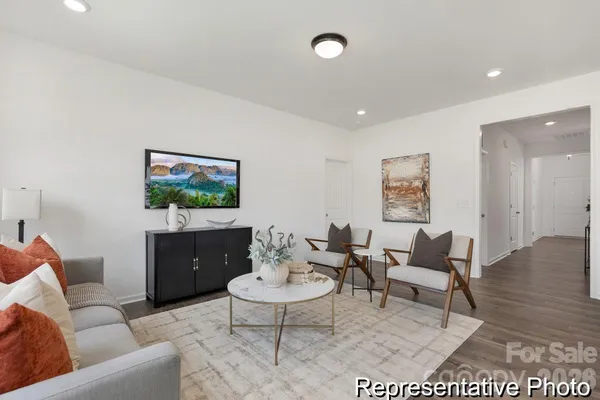 a living room with furniture a rug a lamp and a flat screen tv