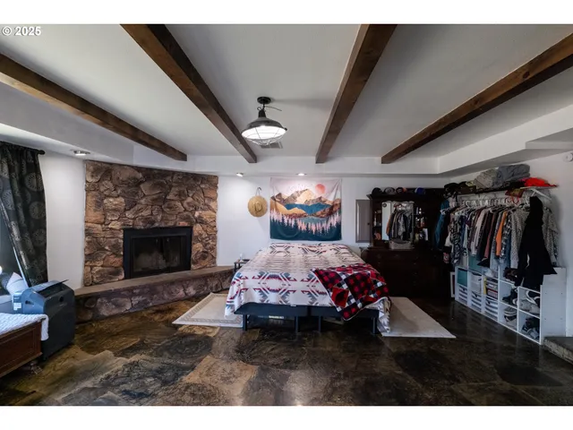 a bedroom with a bed a walk in closet and a fireplace