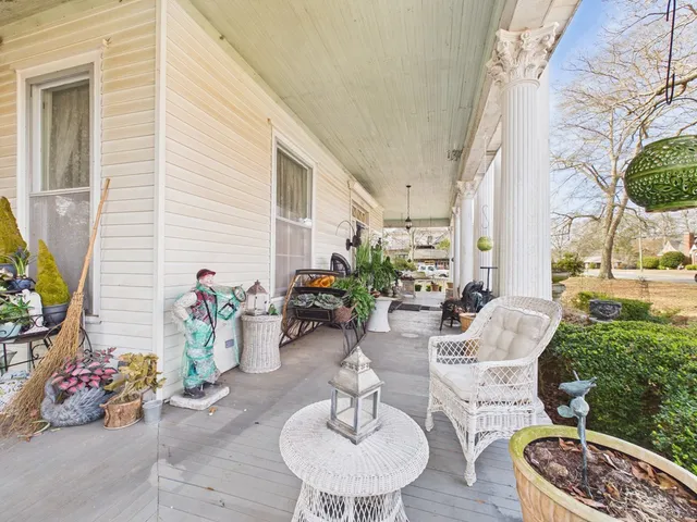 a building outdoor space with patio furniture