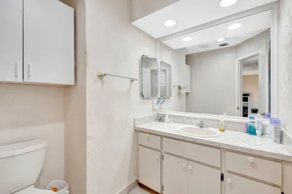 a bathroom with a sink a toilet and a mirror